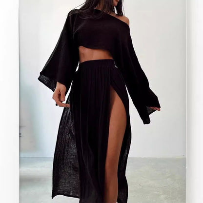 Women Casual Solid Cotton Linen Long Sleeve Crop Top and Skirt Set