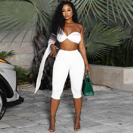 Ensemble deux pièces en maille irrégulière pour femme avec haut tube sans manches et pantalon moulant