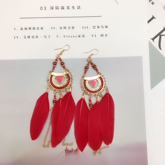 Women Bohemian Hollow Beads Feather Alloy Earrings