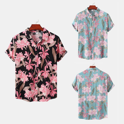 Camisa informal de verano con estampado de flores pequeñas para hombre