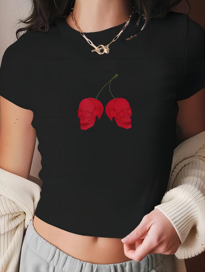 Y2K Street Skull Cherry Short Sleeve Crop Top Tee