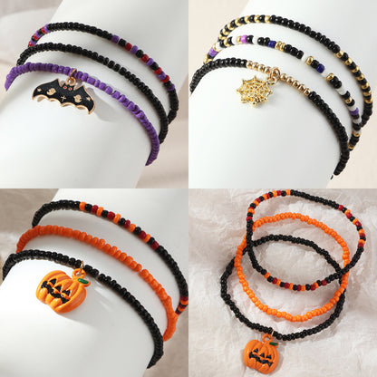 Conjunto de pulsera de Halloween con cuentas de aleación de calabaza y murciélago de colores variados retro a la moda para mujer