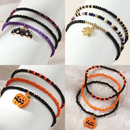 Women Fashion Retro Mix Color Bead Alloy Pumpkin Bat Halloween Bracelet Set