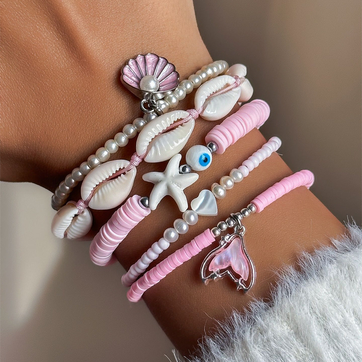 Summer Ocean Wind Shell Starfish Sea Bracelet 5 Piece Set
