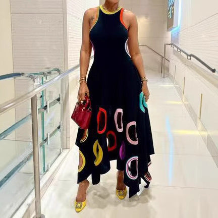 Women Fashion Print Round Neck Sleeveless Hollow Out Dress