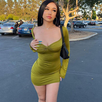 Women Fashion Sexy Solid Color Long Sleeve Dress