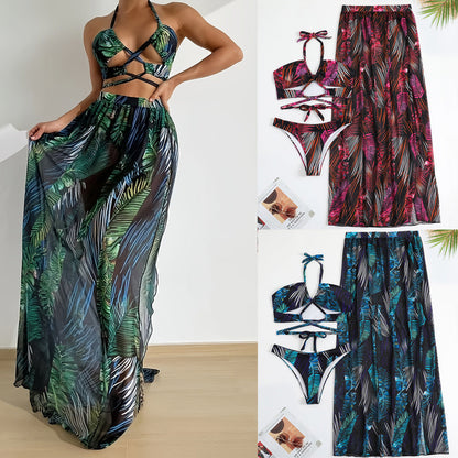 Conjunto de bikini de tres piezas con estampado de moda para mujer
