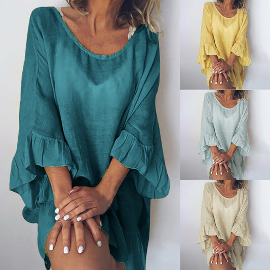 Women Solid Color Stitching Ruffle Sleeves Dress