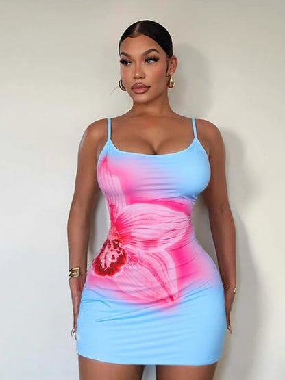 Women Fashion Sexy Floral Printed Spaghetti Strap Dress