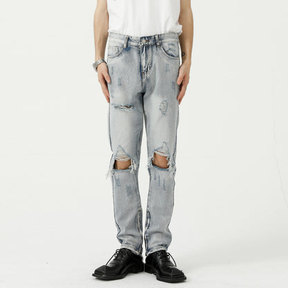 Jean déchiré tendance pour homme en mélange de coton bleu clair