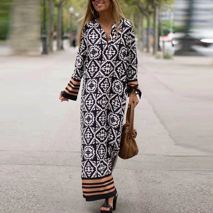 Women Casual Boho Style Geometry Stripe Print Long Sleeve V Neck Maxi Dress