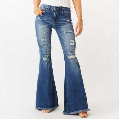 Jean slim taille moyenne déchiré décontracté pour femme