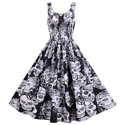 Women Casual Halloween Skull Print Sleeveless Dress