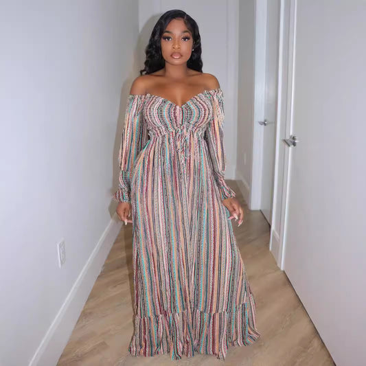 Women Casual Stripe Print Pleated Maxi Dress