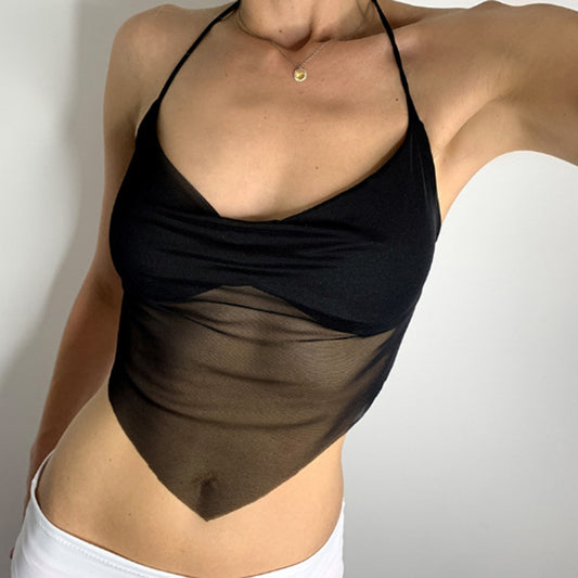 Women Fashion Sexy Pleated Mesh Halter-Neck Camisole