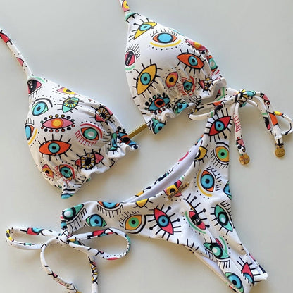 Bikini sexy con cuello halter y estampado multicolor para mujer