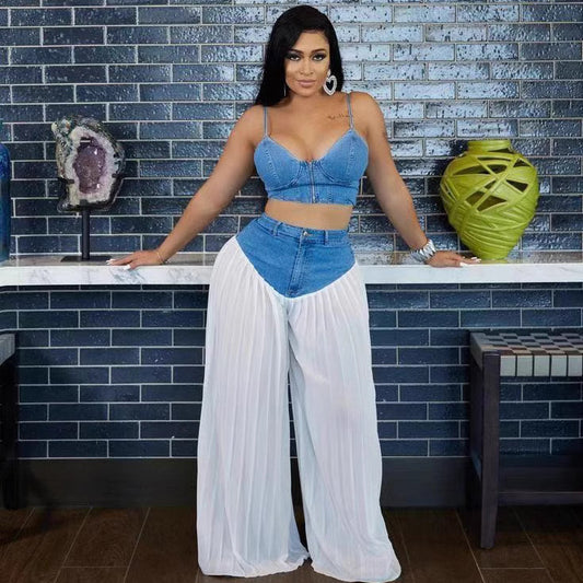 Women Fashion Sexy V-Neck Camisole Denim Chiffon Set