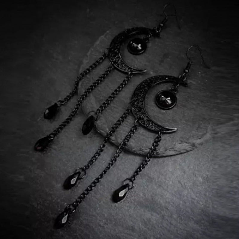 Gothic Halloween Black Moon Tassel Earrings