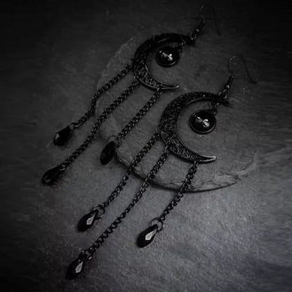 Gothic Halloween Black Moon Tassel Earrings