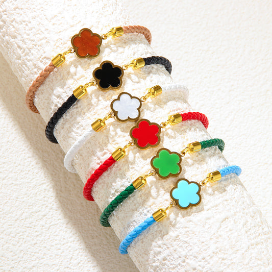 Women Fashion Plated 18k Four-Leaf Clover Red Rope Bracelet
