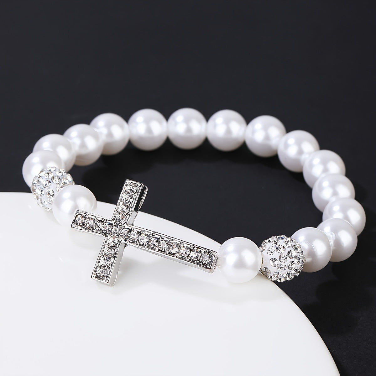 Women Fashion White Imitation Pearl Cross Bracelet
