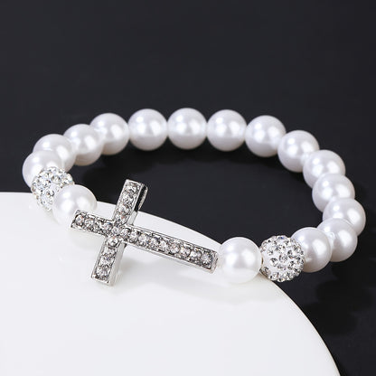 Women Fashion White Imitation Pearl Cross Bracelet