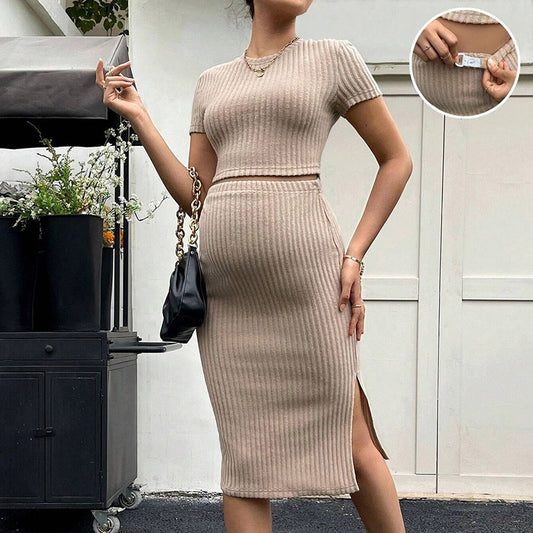 Mid-Length Slim-Fit Adjustable Waist Short-Sleeved Top Skirt Set