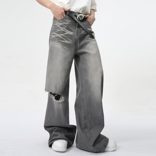 Men Vintage Washed Ripped Straight Leg Jeans