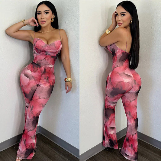 Women Sexy Printed Backless Jumpsuits
