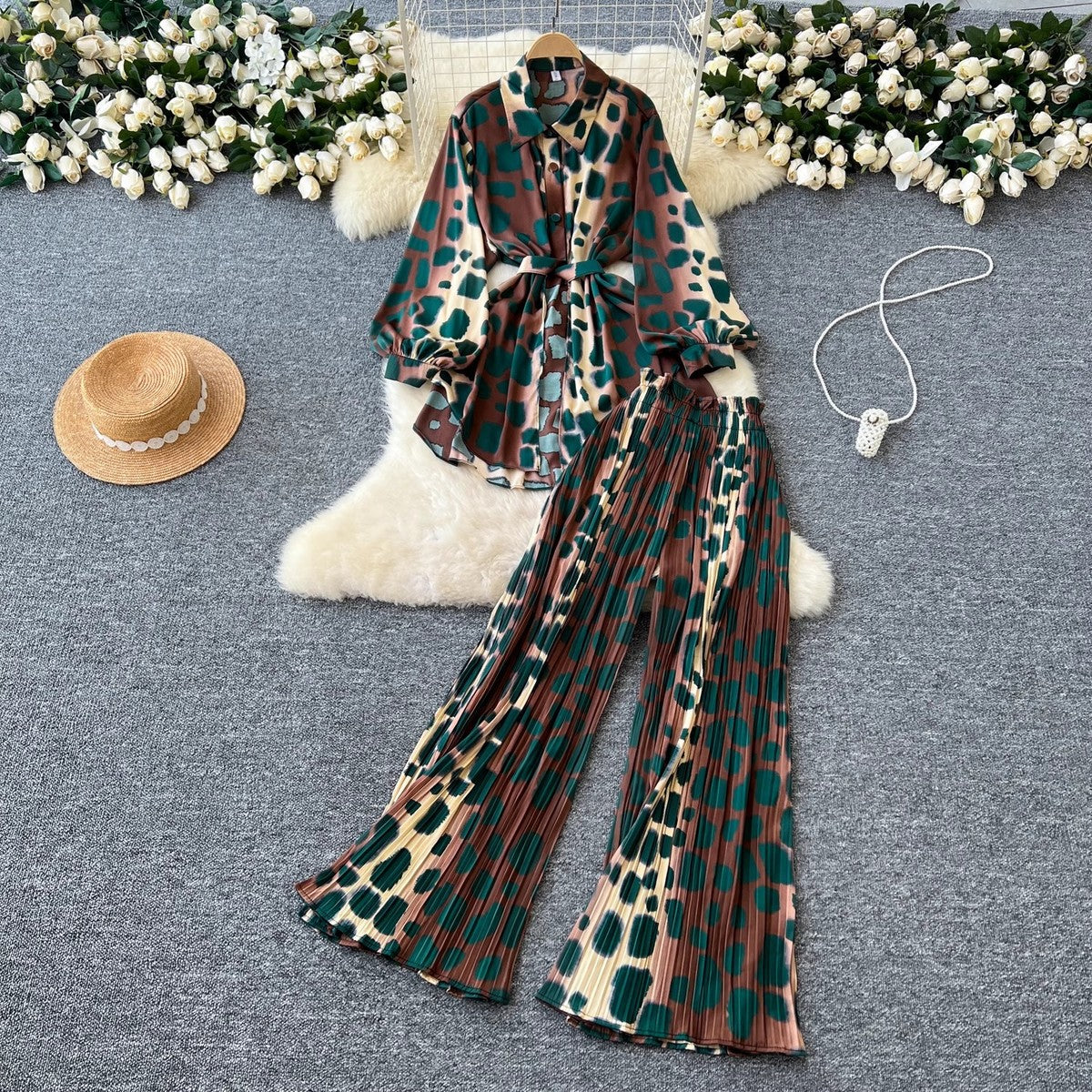 Women Casual Printed Blouse and Wide Leg Pants Set