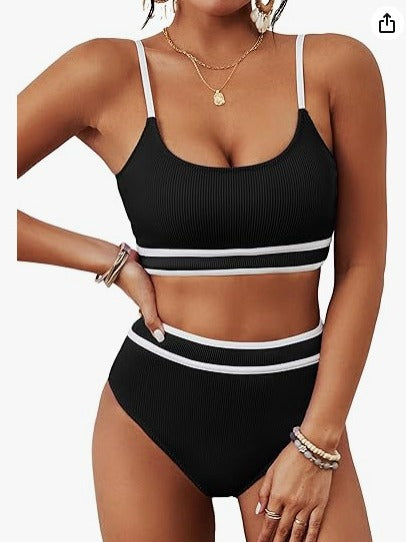 Women Fashion Sexy Contrast Color Stripe Bikini Swimsuit