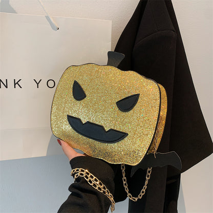 Bolso bandolera de un solo hombro con cadena y diseño de calabaza y lentejuelas de Halloween