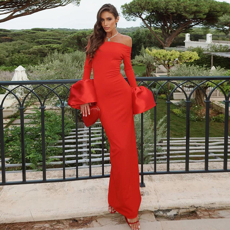 Vestido maxi ajustado de manga larga con hombros descubiertos para mujer