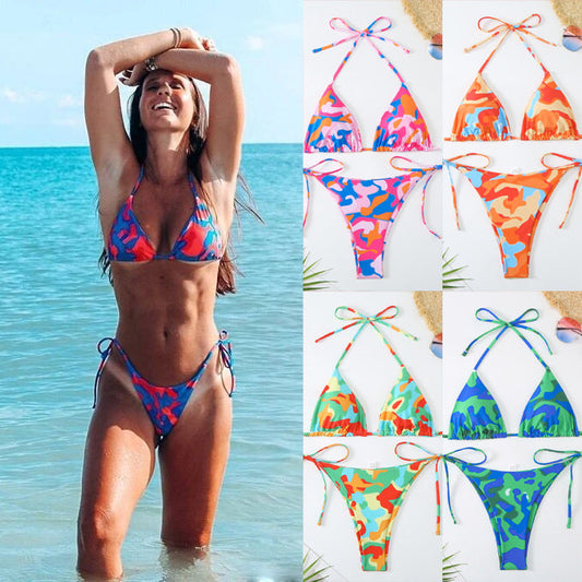 Bikini sexy con cordones en contraste para mujer