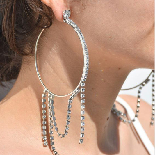 Women Fashion Simple Irregular Ring-Shaped Rhinestone Tassel Earrings