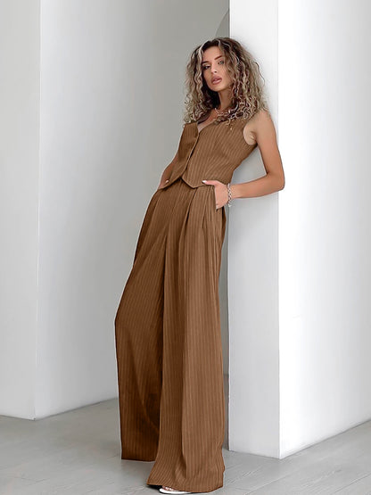 Women Fashion Casual Solid Color Stripe V-Neck Tank Set