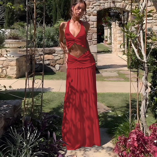 Women Fashion Sexy Halter-Neck V-Neck Crop Top Set