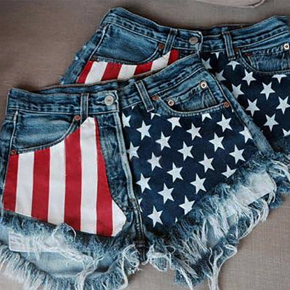 Pantalones cortos vaqueros casuales con bandera estadounidense para mujer