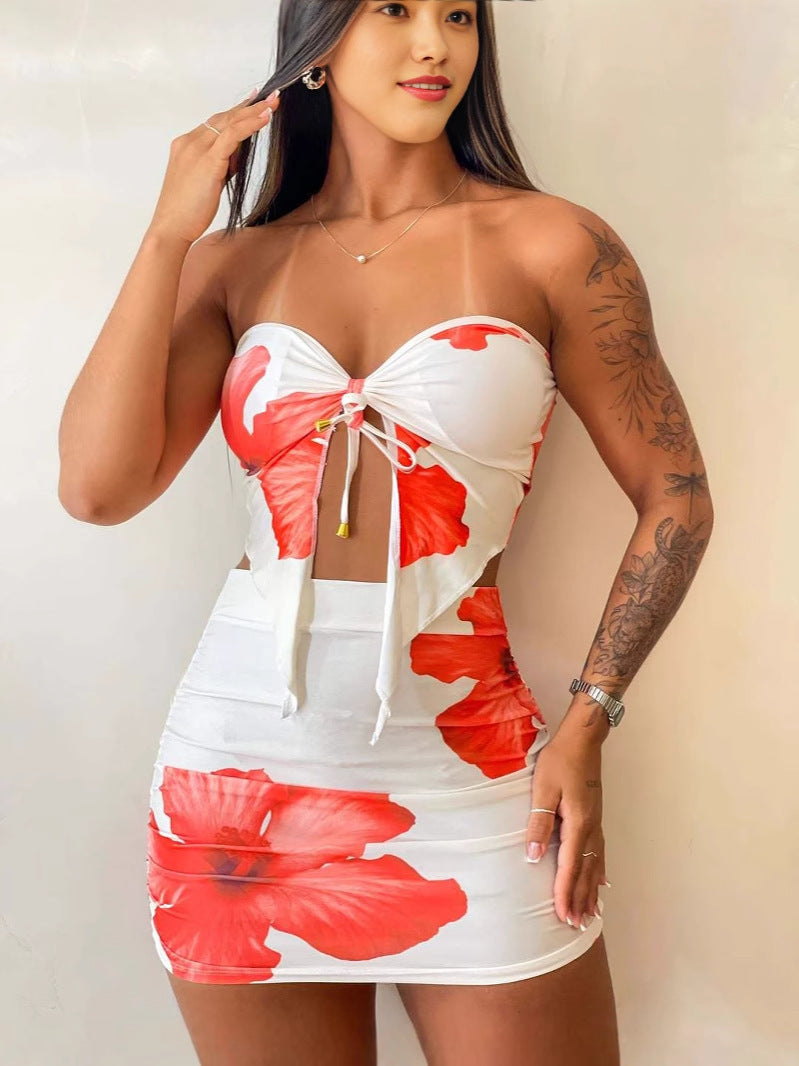Ensemble d'été pour femme, haut tube à lacets et mini-jupe à imprimé floral