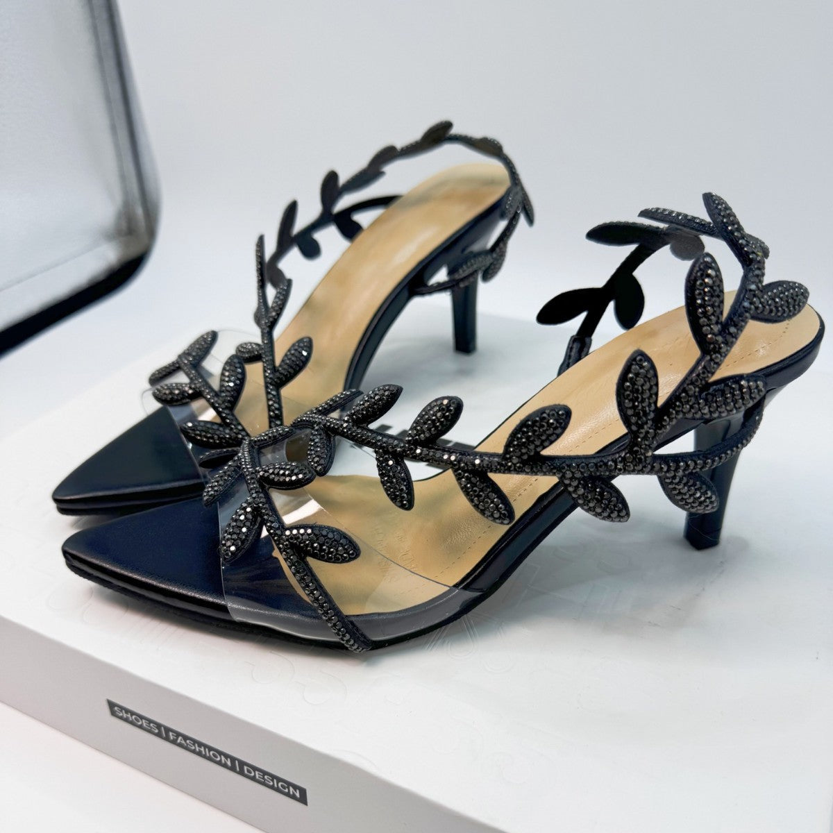 Escarpins à talons hauts et bout pointu avec strass et feuilles pour femmes