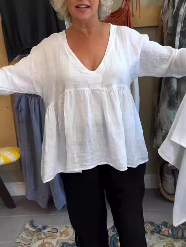Women Casual Solid Cotton Linen V-Neck Blouse