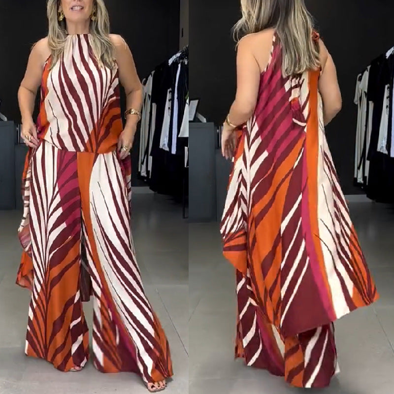Conjunto de dos piezas de top y pantalón con estampado informal de verano para mujer