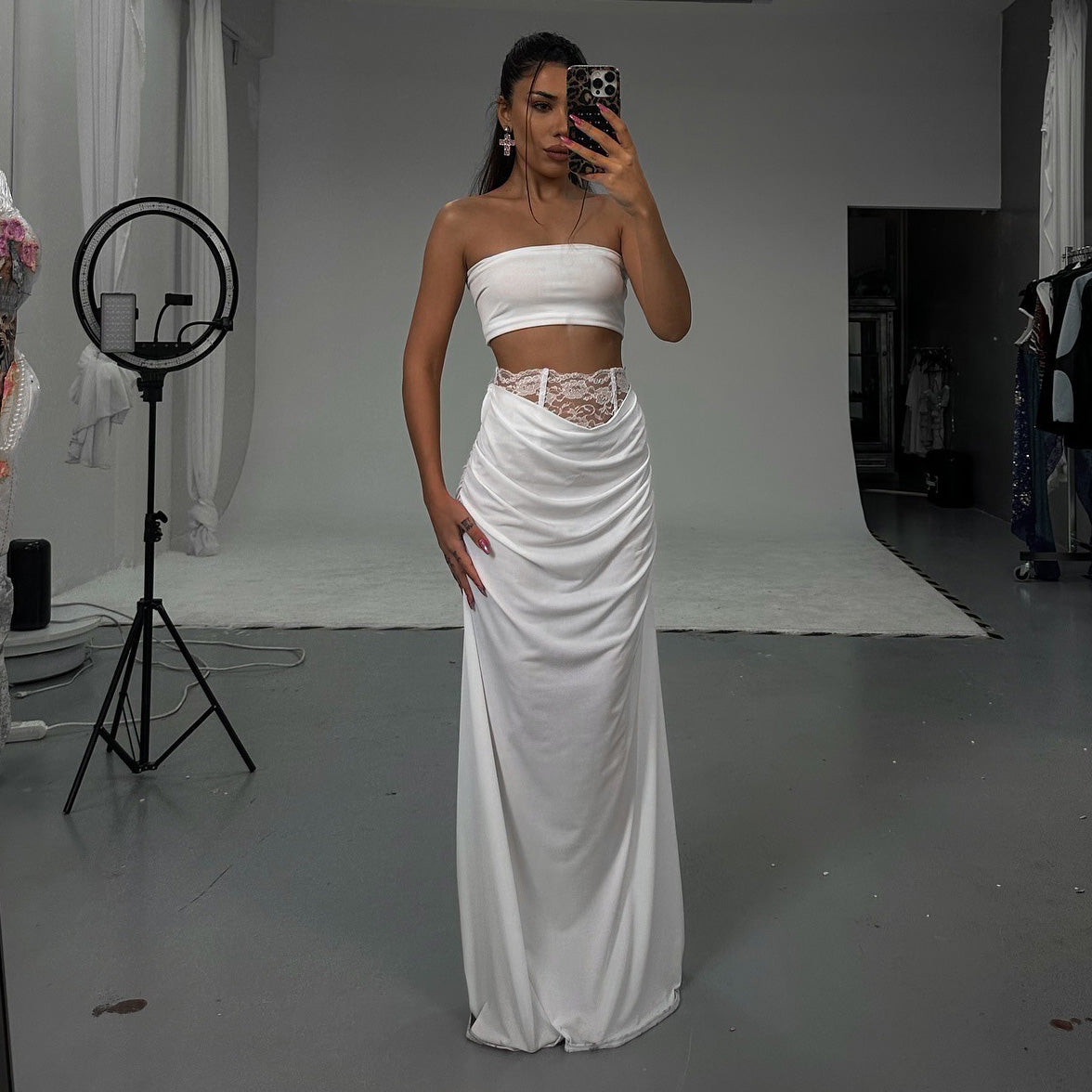 Women Fashion Elegant Lace Satin High Waist Skirt