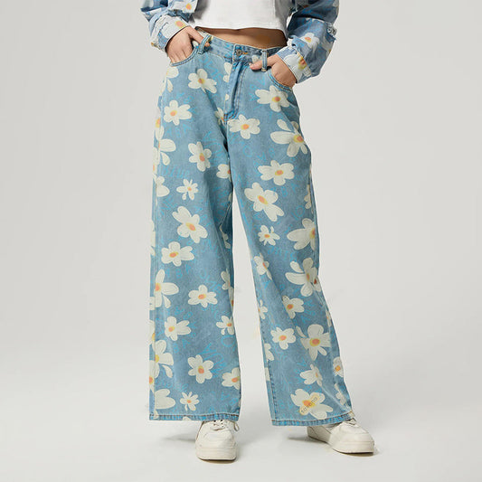 Women Fashion Retro Floral Print Straight-Leg Jeans