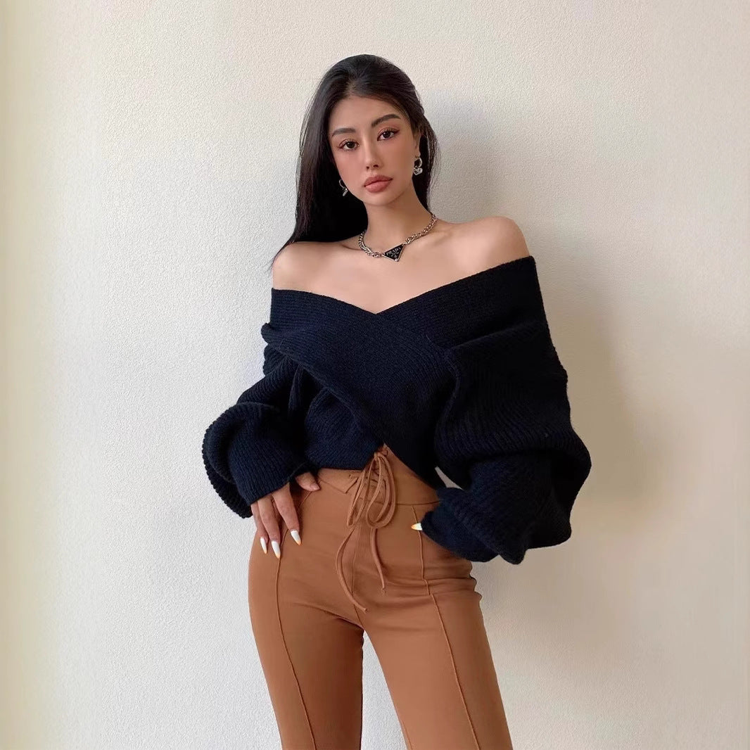 Women Autumn And Winter Cross V-Neck Knitted Sweater