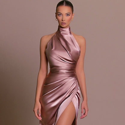 Women Elegant Solid Color Side Split Party Dress