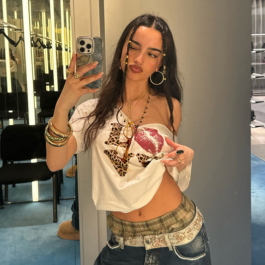 Y2K Women Off-Shoulder V-Neck Leopard T-Shirt