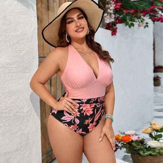 Traje de baño de una pieza con estampado floral de talla grande para mujer