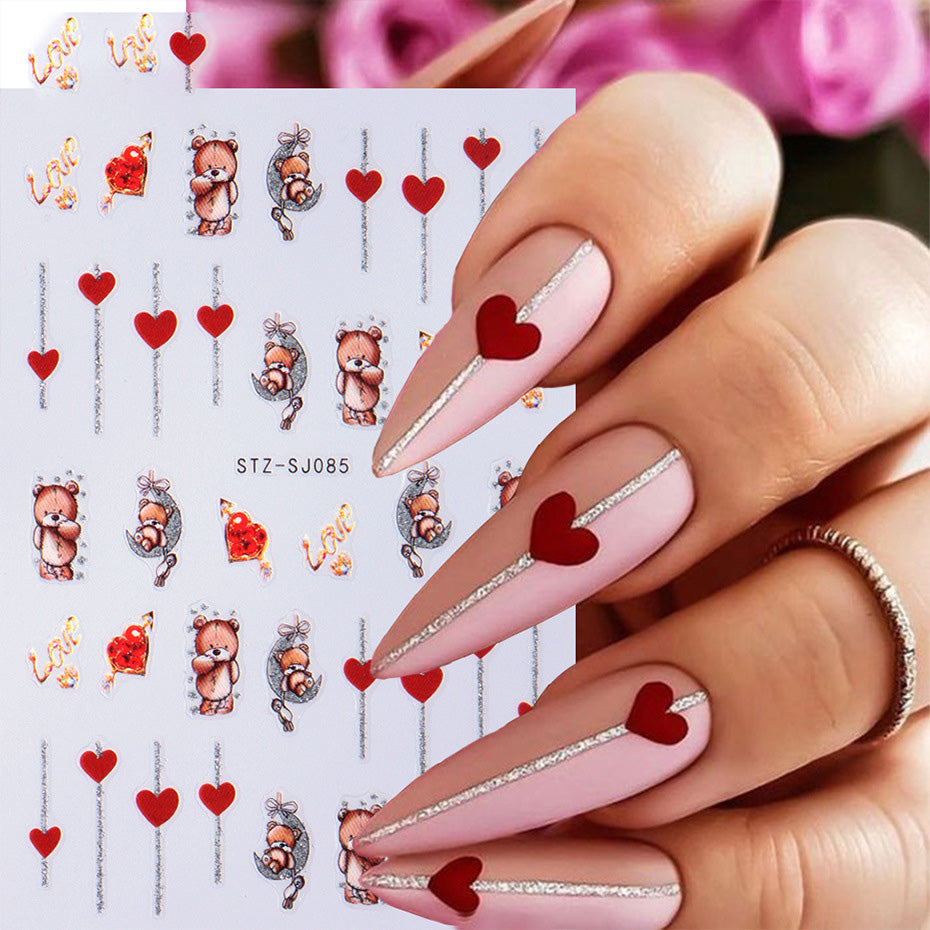 Pegatinas adhesivas para uñas con diseño de oso con purpurina para San Valentín
