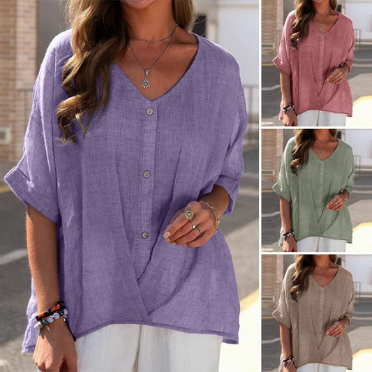 Camisa holgada informal de algodón y lino con cuello en V para mujer